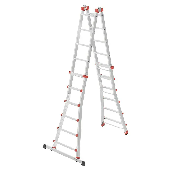 Hailo Mehrzweckleiter M80 4 x 6 - Anzahl Tritte: 24 Stk., Arbeitshöhe: 6,75 m, Belastbarkeit: 150 kg, Aluminium - Eine vielseitige Mehrzweckleiter, ideal für verschiedene Arbeiten im Haushalt oder auf der Baustelle, mit roter Sicherheitsausrüstung.