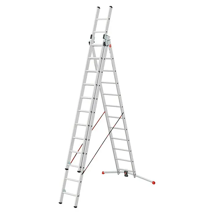 Hailo Mehrzweckleiter S100 ProfiLOT 3x12 - Anzahl Tritte: 36 Stk., Arbeitshöhe: 901 cm, Belastbarkeit: 150 kg, Aluminium - Bild einer weißen Sprossenleiter mit rotem Zubehör, die als vielseitiges Werkzeug für verschiedene Aufgaben dient.