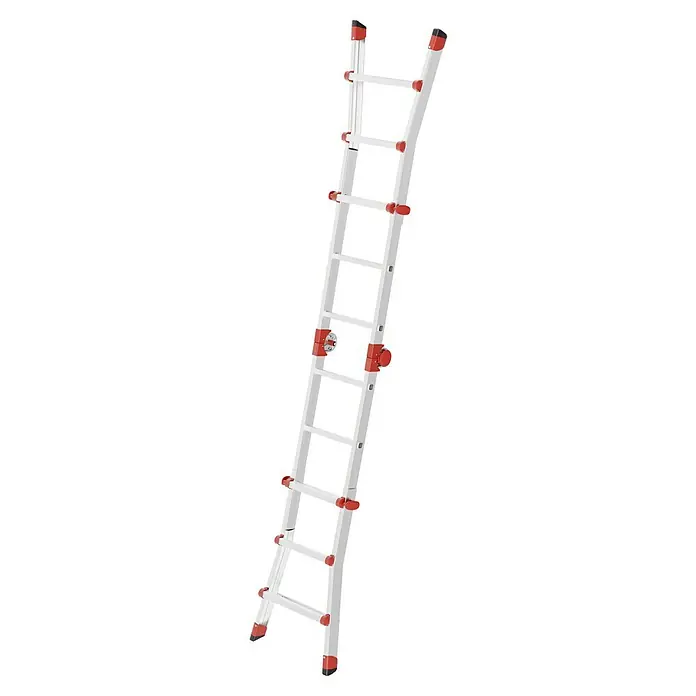 Hailo Mehrzweckleiter M80 4 x 3 - Anzahl Tritte: 12 Stk., Arbeitshöhe: 3,71 m, Belastbarkeit: 150 kg, Aluminium - Eine vielseitige Mehrzweckleiter mit roter und weißer Farbgebung, ideal für verschiedene Aufgaben im Haus und im Garten.