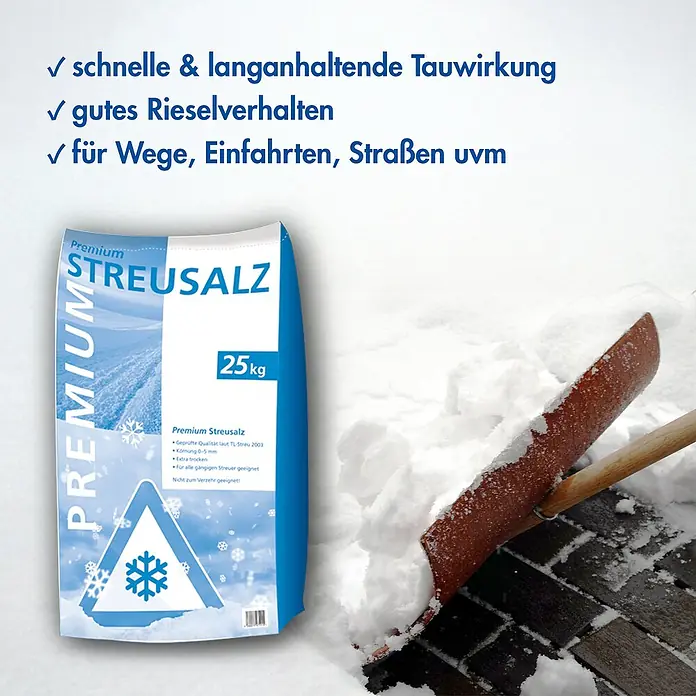 Hamann Mercatus Auftau- & Streusalz Premium - 25 kg, Naturmaterialien - Produktbild von Premium Streusalz, 25kg Sack, zur Eis- und Schneebekämpfung auf Wegen und Straßen, mit Schneeschaufel im Schnee.