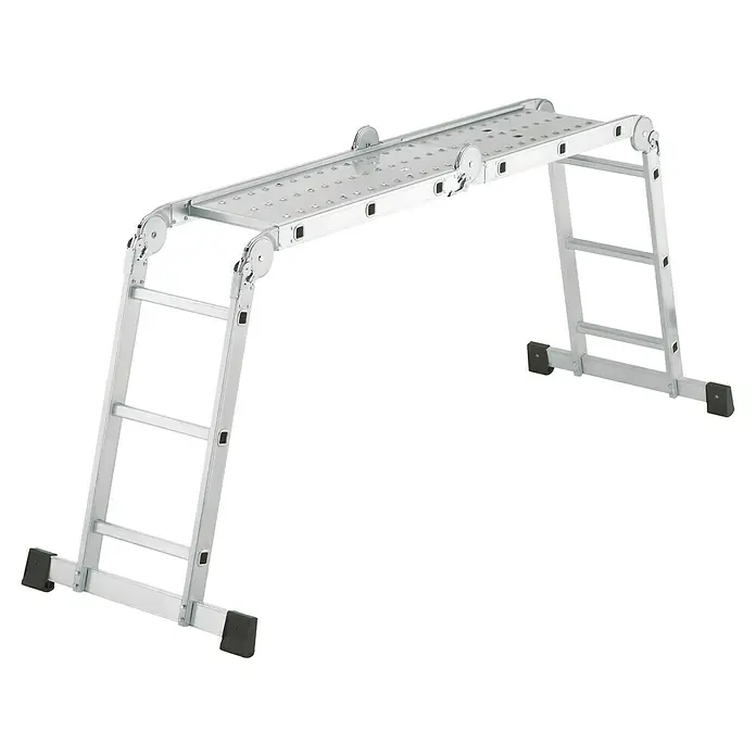 Hailo Mehrzweckleiter M60 4X3 - Anzahl Tritte: 12 Stk., Arbeitshöhe: 4,35 m, Belastbarkeit: 150 kg, Aluminium - Ein vielseitiges, silbernes Mehrzweckgerüst mit rutschfester Plattform für sicheres Arbeiten in verschiedenen Höhen.