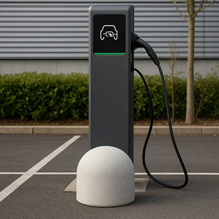 Diephaus Poller Rund - Ø x H: 50 x 50 cm, Grau, Beton - Bild einer modernen Ladestation für Elektroautos auf einem Parkplatz mit Ladekabel und Symbol.