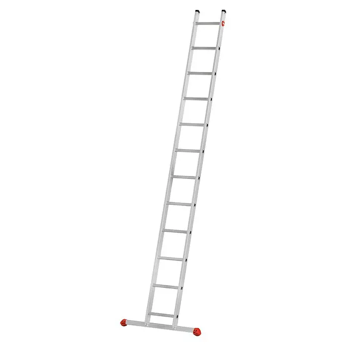 Hailo Anlegeleiter S60 ProfiStep uno 12 Sprossen - Anzahl Tritte: 12 Stk., Arbeitshöhe: 430 cm, Belastbarkeit: 150 kg, Aluminium - Silberne Haushaltsleiter mit rutschfesten Stufen und roten Füßen für sicheren Halt, ideal für Heimwerker und Reinigungsarbeiten.