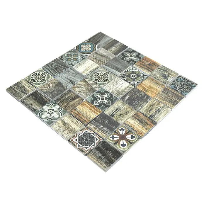 Mosaikfliese Quadrat Crystal XCM WOOD 500 - 30 x 30 cm, Grün/Braun, Glänzend - Nahaufnahme eines quadratischen Mosaiks aus Holz und mit Mustern, das sich perfekt für dekorative Projekte eignet.