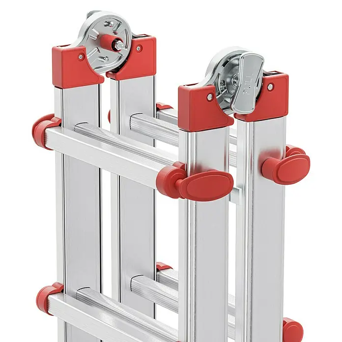 Hailo Mehrzweckleiter M80 4 x 6 - Anzahl Tritte: 24 Stk., Arbeitshöhe: 6,75 m, Belastbarkeit: 150 kg, Aluminium - Detailaufnahme einer Mehrzweckleiter mit roten Sicherheitsverschlüssen und silbernen Sprossen. Robuste Bauweise für vielfältige Einsatzbereiche.