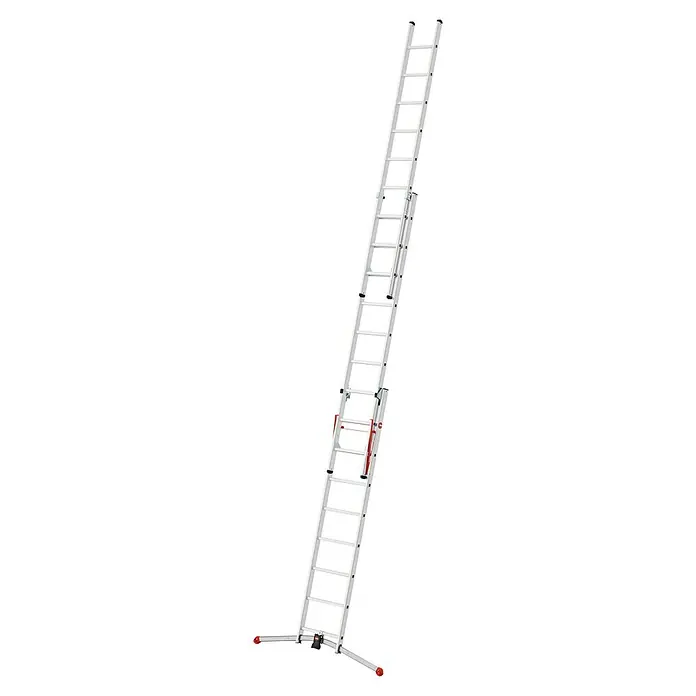 Hailo Mehrzweckleiter S100 ProfiLOT 2x9 + 1x8 - Anzahl Tritte: 26 Stk., Arbeitshöhe: 658 cm, Belastbarkeit: 150 kg, Aluminium - Bild einer weißen Mehrzweckleiter, die vielseitig einsetzbar ist. Ideal für verschiedene Aufgaben, bietet die Leiter Stabilität und Komfort.