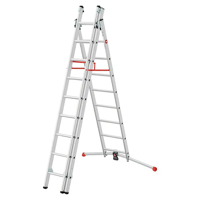 Hailo Mehrzweckleiter S100 ProfiLOT 2x9 + 1x8 - Anzahl Tritte: 26 Stk., Arbeitshöhe: 658 cm, Belastbarkeit: 150 kg, Aluminium - Das Bild zeigt eine vielseitige Mehrzweckleiter aus Aluminium, die sowohl als Anlegeleiter als auch als Stehleiter verwendet werden kann.