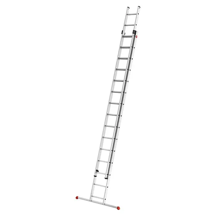 Hailo Schiebeleiter S80 ProfiStep duo 2x15 Sprossen - Anzahl Tritte: 30 Stk., Arbeitshöhe: 839 cm, Belastbarkeit: 150 kg, Aluminium - Eine Teleskopleiter aus Aluminium ist auf einem schwarzen Hintergrund dargestellt. Die Leiter hat rote Füße für Stabilität.