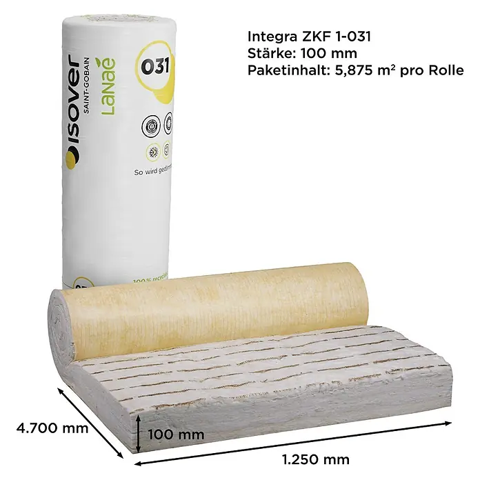 Isover Lanaé Glaswolle Klemmfilz WLS 032 - Stärke: 100 mm, Wärmeleitfähigkeit: 0,032 W/(mK) - Dämmrolle Isover, Saint-Gobain Lanae 031, mit einer Dicke von 100 mm, ideal zur Wärme- und Schallisolierung von Gebäuden.