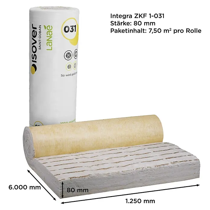 Isover Lanaé Glaswolle Klemmfilz WLS 032 - Stärke: 80 mm, Wärmeleitfähigkeit: 0,032 W/(mK) - Isolver Lanae 031 Dämmstoffrolle. Mineralwolle für Wärme- und Schallschutz. Einfache Anwendung & hohe Effizienz.