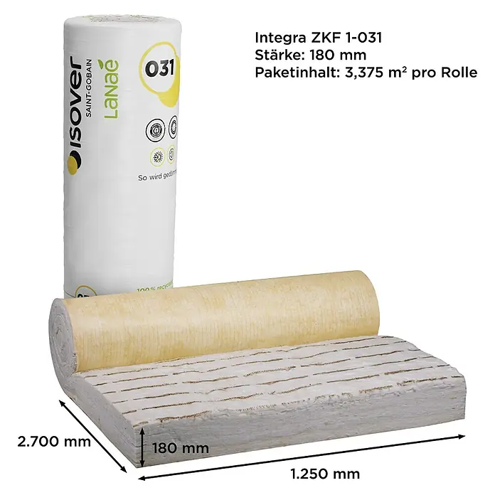 Isover Lanaé Glaswolle Klemmfilz WLS 032 - Stärke: 180 mm, Wärmeleitfähigkeit: 0,032 W/(mK) - Produktabbildung von Isover Lanae 031 Dämmwolle, einer hochwertigen Lösung für Wärme- und Schalldämmung im Bauwesen.