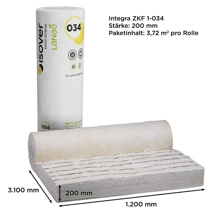 Isover Lanaé Glaswolle Klemmfilz WLS 035 - Stärke: 200 mm, Wärmeleitfähigkeit: 0,035 W/(mK) - Isolver LaNae 034 Dämmstoffrolle und -platten, umweltfreundliche Isolierung für Gebäude, 200 mm dick.