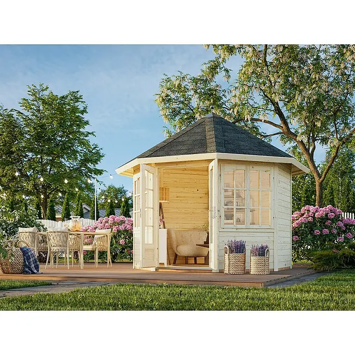 Palmako Caseta de jardín Veronica 2 - Medidas ext. (An x Pr): 359 x 389 cm, Madera, Natural - Encantadora glorieta de jardín de madera con puertas abiertas, rodeada de exuberante vegetación y flores, perfecta para momentos de relax al aire libre.