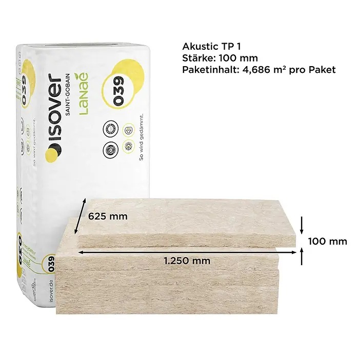 Isover Lanaé Glaswolle Trennwandplatte WLS 040 - Stärke: 100 mm, Wärmeleitfähigkeit: 0,04 W/(mK) - Produktabbildung von Isover Akustic TP 1 Dämmwolle, 100 mm stark, mit einer Paketinhalt von 4,686 m².
