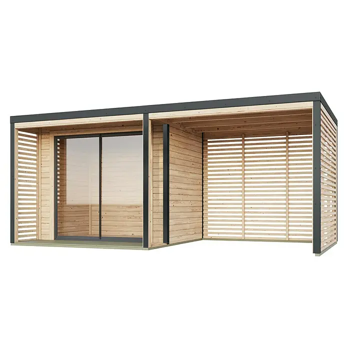 Karibu Gartenhaus Saturn - Außenmaß inkl. Dachüberstand (B x T): 539,5 x 276 cm, Holz, Natur/Anthrazit - Moderne Gartenlaube mit Schiebetür und Holzlamellen-Design. Ideal für Entspannung im Freien und stilvolle Gartengestaltung.