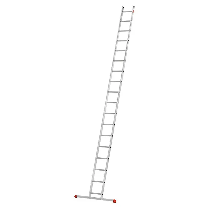 Hailo Anlegeleiter S60 ProfiStep uno 18 Sprossen - Anzahl Tritte: 18 Stk., Arbeitshöhe: 595 cm, Belastbarkeit: 150 kg, Aluminium - Eine silberne Treppe mit roten Füßen und schwarzen Abständen zwischen den Stufen.