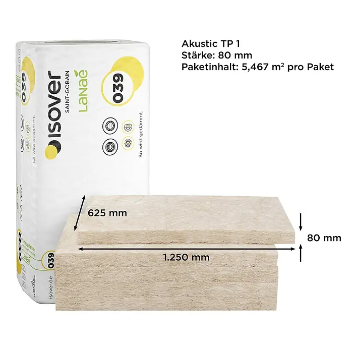 Isover Lanaé Glaswolle Trennwandplatte WLS 040 - Stärke: 80 mm, Wärmeleitfähigkeit: 0,04 W/(mK) - Isover Akustic TP 1 Dämmwolle mit einer Stärke von 80 mm, Paketinhalt 5,467 m², mit den Maßen 625 mm x 1.250 mm für Schallschutz.