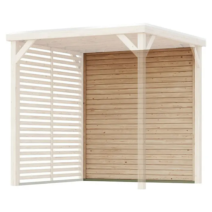 Karibu Pavillon-Seitenwand Cubeco - 213 x 229,5 cm, Passend für: Karibu Gartenpavillon Cubeco - Abbildung eines modernen Gartenhauses aus hellem Holz mit horizontalen Lamellen und einer geschlossenen Holzwand.