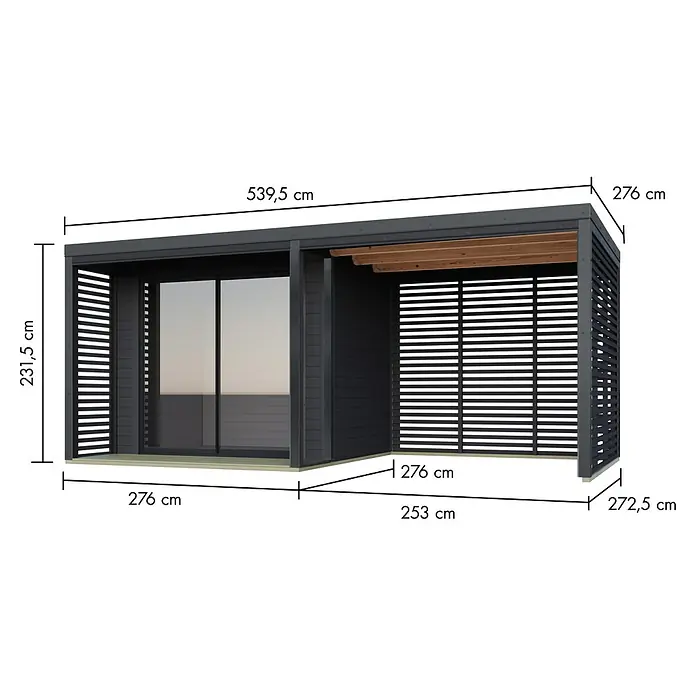 Karibu Gartenhaus Saturn - Außenmaß inkl. Dachüberstand (B x T): 539,5 x 276 cm, Holz, Anthrazit - Ansicht einer modernen Gartenlounge mit Holzelementen und Schiebetüren, die ein stilvolles Ambiente für den Außenbereich bietet.