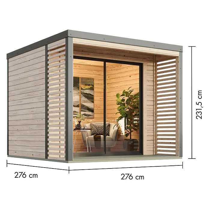 Karibu Gartenhaus Saturn - Außenmaß inkl. Dachüberstand (B x T): 276 x 276 cm, Holz, Natur/Grau - Modernes Gartenhaus mit klaren Linien und großzügiger Glasfront. Ideal für den stilbewussten Gartenbesitzer.