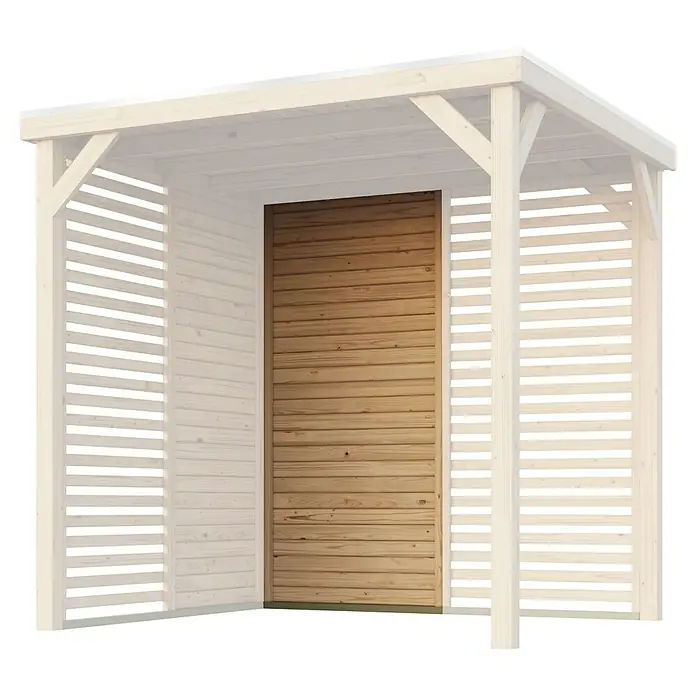 Karibu Pavillon-Seitenwand Cubeco - 106,5 x 229,5 cm, Passend für: Karibu Gartenpavillon Cubeco - Ein hölzerner Unterstand mit einer braunen Holztür, die den Innenraum abschirmt. Die Wände sind teilweise mit Latten verkleidet.