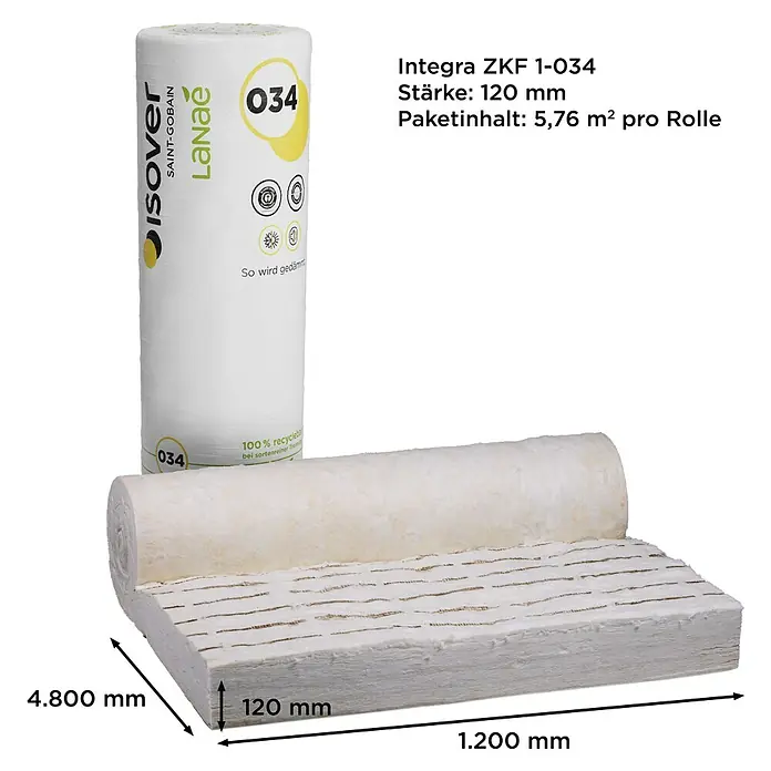Isover Lanaé Glaswolle Klemmfilz WLS 035 - Stärke: 120 mm, Wärmeleitfähigkeit: 0,035 W/(mK) - Produktaufnahme von Isover LaNae 034 Dämmstoffrolle und -platten, ideal für die Wärme- und Schalldämmung im Haus.