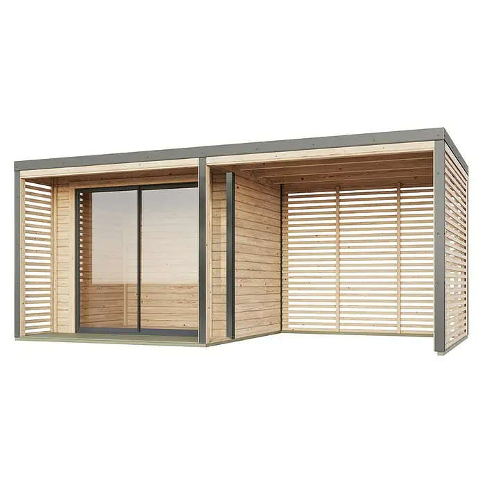 Karibu Gartenhaus Saturn - Außenmaß inkl. Dachüberstand (B x T): 539,5 x 276 cm, Holz, Natur/Grau - Diese Aufnahme zeigt ein modernes Gartenhaus mit Schiebetüren und einer Lattenwand, die eine stilvolle und funktionale Ergänzung für jeden Garten darstellt.