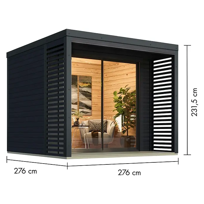 Karibu Gartenhaus Saturn - Außenmaß inkl. Dachüberstand (B x T): 276 x 276 cm, Holz, Anthrazit - Bild eines modernen Gartenhauses mit Schiebetüren, dunkler Holzverkleidung und den Maßen 276 x 276 x 231,5 cm.