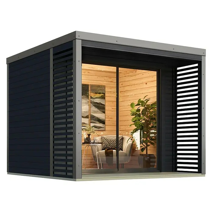 Karibu Gartenhaus Saturn - Außenmaß inkl. Dachüberstand (B x T): 276 x 276 cm, Holz, Anthrazit/Grau - Elegantes Gartenhaus mit Holzverkleidung, großen Glasflächen und modernen Lamellenblenden für einen stilvollen Außenbereich.