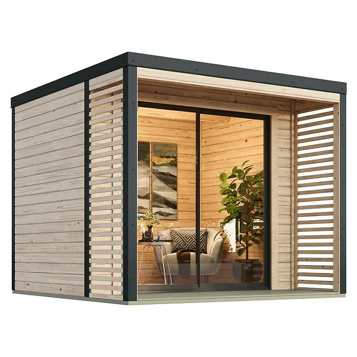 Karibu Gartenhaus Saturn - Außenmaß inkl. Dachüberstand (B x T): 276 x 276 cm, Holz, Natur/Anthrazit - Elegantes Gartenhaus mit Schiebetüren und moderner Holzverkleidung. Der ideale Rückzugsort im Grünen.