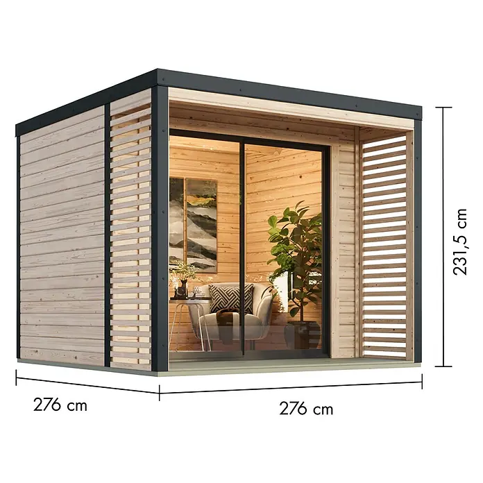 Karibu Gartenhaus Saturn - Außenmaß inkl. Dachüberstand (B x T): 276 x 276 cm, Holz, Natur/Anthrazit - Abbildung eines modernen Gartenhauses mit präzisen Abmessungen für Höhe und Breite, ideal für den Garten.