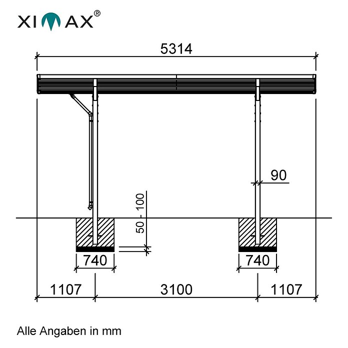 Ximax Carport Wing Typ 80 (Außenmaß inkl. Dachüberstand (B x T): 2,76 x 5,31 m, Einzelcarport, Silber) | BAUHAUS