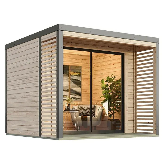 Karibu Gartenhaus Saturn - Außenmaß inkl. Dachüberstand (B x T): 276 x 276 cm, Holz, Natur/Grau - Holzgartenhaus mit großen Fenstern und Lamellenfassade für einen modernen Look. Ideal für Büro, Gästezimmer oder Rückzugsort im Garten.
