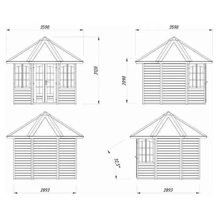 Palmako Caseta de jardín Veronica 2 - Medidas ext. (An x Pr): 359 x 389 cm, Madera, Natural - Vistas del pabellón de jardín con dimensiones precisas para la planificación y la construcción.