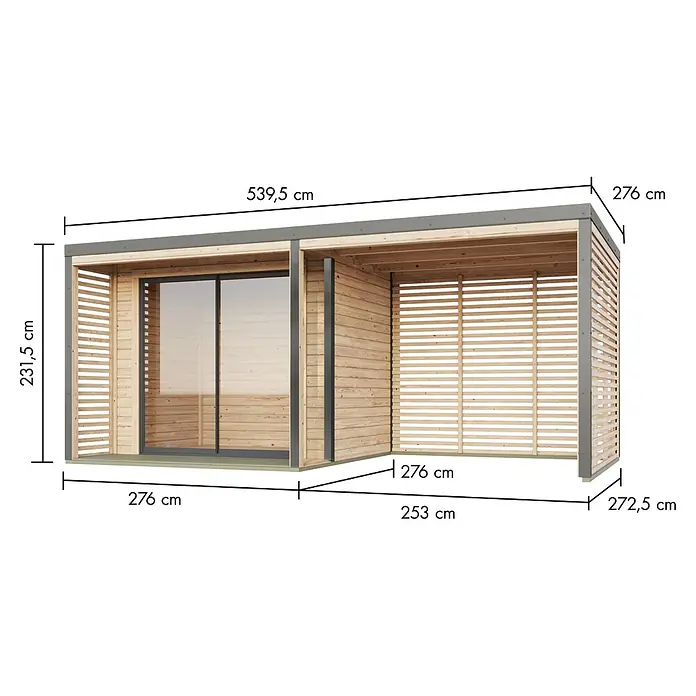 Karibu Gartenhaus Saturn - Außenmaß inkl. Dachüberstand (B x T): 539,5 x 276 cm, Holz, Natur/Grau - Abbildung eines Gartenhauses mit den Maßen 539,5 cm x 276 cm und einer Höhe von 231,5 cm.