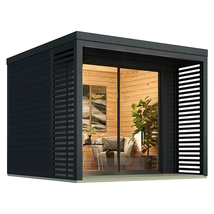 Karibu Gartenhaus Saturn - Außenmaß inkl. Dachüberstand (B x T): 276 x 276 cm, Holz, Anthrazit - Moderne Gartenlounge mit Holzwänden und Glasfront, eingerichtet mit Sessel, Tisch und Pflanzen. Ideal für entspannte Stunden im Freien.