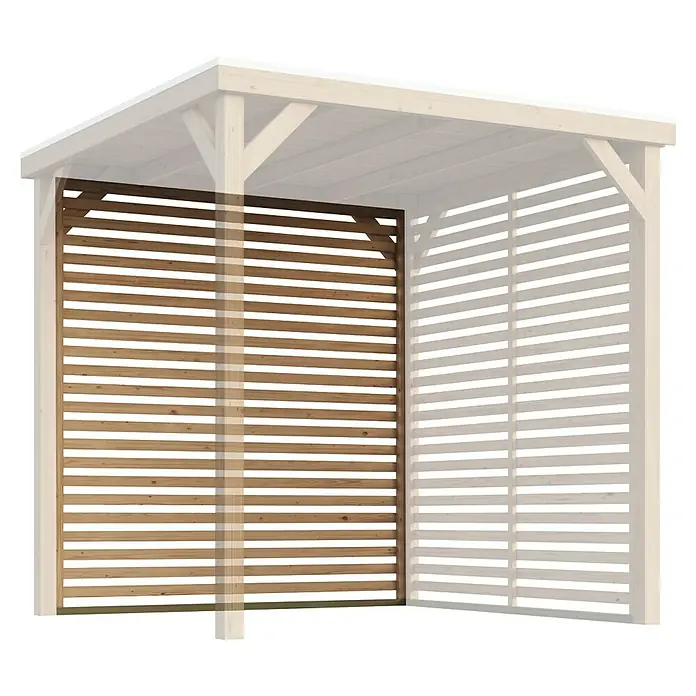 Karibu Pavillon-Seitenwand Lamelle Cubeco - 213 x 229,5 cm, Passend für: Karibu Gartenpavillon Cubeco - Eine Nahaufnahme eines Gartenpavillons mit einer Wand aus horizontalen Holzlatten, die Privatsphäre bietet und Schatten spendet.