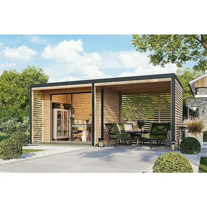 Karibu Gartenhaus Saturn - Außenmaß inkl. Dachüberstand (B x T): 539,5 x 276 cm, Holz, Natur/Anthrazit - Ein modernes Gartenbüro mit Sitzbereich, ideal für Arbeit und Entspannung im Freien, mit klaren Linien und natürlicher Holzoptik.