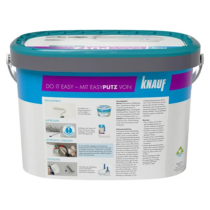 Knauf EasyPutz Dekoputz Extra fein - Weiß, Körnung: 0,2 mm, 20 kg, Konservierungsmittelfrei - Ein Eimer Knauf Easyputz, eine gebrauchsfertige Spachtelmasse für Wände und Decken im Innenbereich, für kreative Oberflächengestaltung.