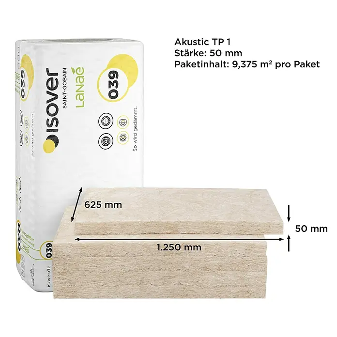 Isover Lanaé Glaswolle Trennwandplatte WLS 040 - Stärke: 50 mm, Wärmeleitfähigkeit: 0,04 W/(mK) - Isolver Akustic TP 1 Dämmstoffplatte in der Stärke 50 mm. Paketinhalt: 9,375 m², Länge: 1.250 mm, Breite: 625 mm, für Schall- und Wärmedämmung.