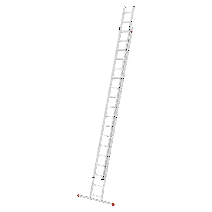 Hailo Schiebeleiter S80 ProfiStep duo 2x18 - Anzahl Tritte: 36 Stk., Arbeitshöhe: 947 cm, Belastbarkeit: 150 kg, Aluminium - Eine silberne Mehrzweckleiter, die sich für verschiedene Höhen und Anwendungen anpassen lässt. Ideal für Heimwerker und Profis.
