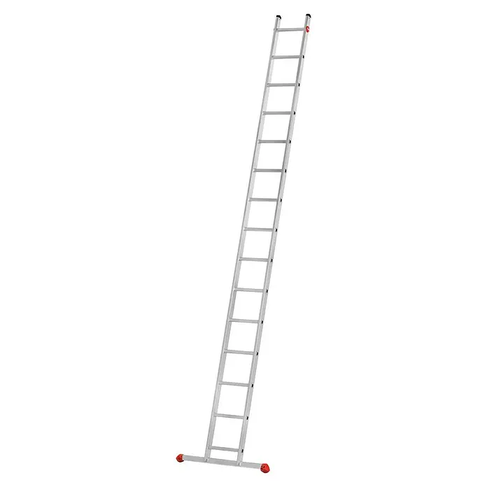Hailo Anlegeleiter S60 ProfiStep uno 15 Sprossen - Anzahl Tritte: 15 Stk., Arbeitshöhe: 515 cm, Belastbarkeit: 150 kg, Aluminium - Detailaufnahme einer silbernen Leiter, die gegen einen schwarzen Hintergrund aufgestellt ist. Die Leiter scheint teleskopisch zu sein.