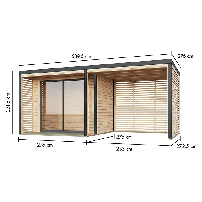 Karibu Gartenhaus Saturn - Außenmaß inkl. Dachüberstand (B x T): 539,5 x 276 cm, Holz, Natur/Anthrazit - Bild einer modernen Gartenlaube mit Maßangaben, die ihre Größe und Abmessungen verdeutlichen. Das Design ist schlicht und modern.