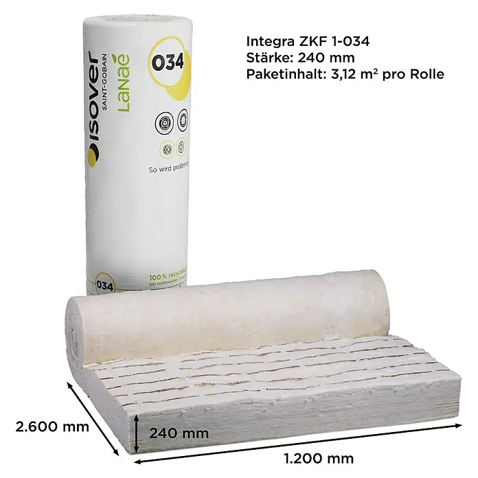 Isover Lanaé Glaswolle Klemmfilz WLS 035 - Stärke: 240 mm, Wärmeleitfähigkeit: 0,035 W/(mK) - Isolierung von Isover Saint-Gobain Lanae 034, eine hochwertige Dämmrolle mit 240 mm Dicke für effektiven Wärmeschutz.