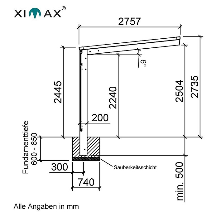 Ximax Carport Wing Typ 80 (Außenmaß inkl. Dachüberstand (B x T): 2,76 x 5,31 m, Einzelcarport, Silber) | BAUHAUS