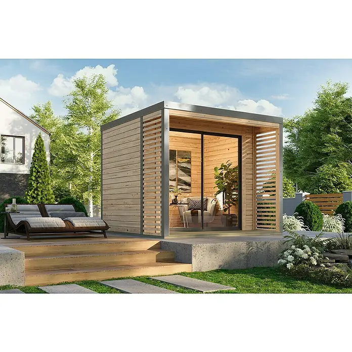Karibu Gartenhaus Saturn - Außenmaß inkl. Dachüberstand (B x T): 276 x 276 cm, Holz, Natur/Grau - Modernes Gartenhaus mit Holzverkleidung, großen Glasschiebetüren und angrenzender Terrasse mit Liegen für entspannte Stunden im Freien.