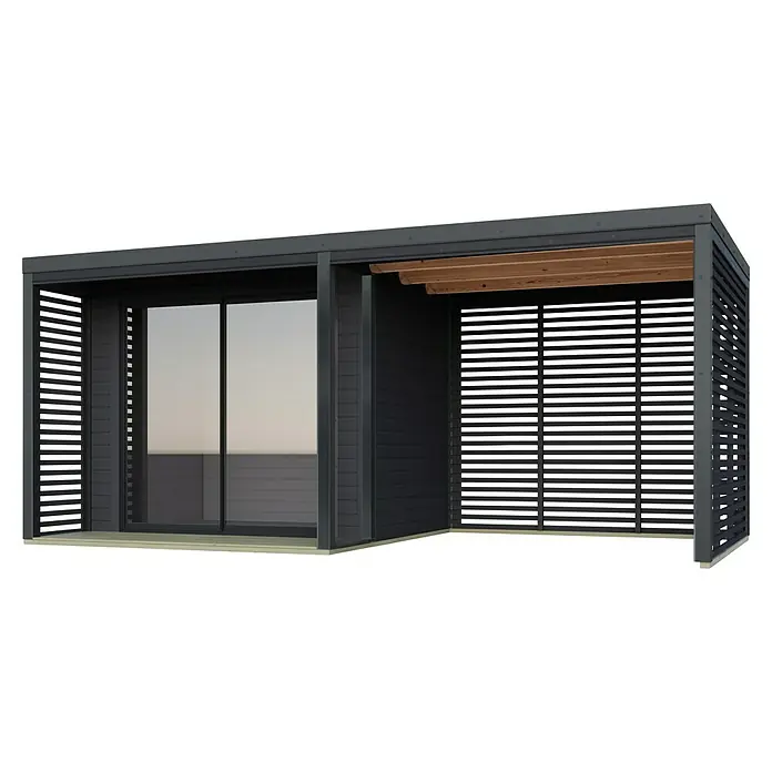 Karibu Gartenhaus Saturn - Außenmaß inkl. Dachüberstand (B x T): 539,5 x 276 cm, Holz, Anthrazit - Abbildung eines modernen Gartenhauses mit Schiebetüren und Lamellenwänden, das Privatsphäre und Schutz im Freien bietet.
