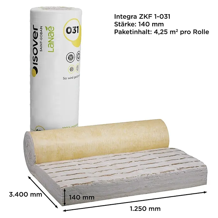 Isover Lanaé Glaswolle Klemmfilz WLS 032 - Stärke: 140 mm, Wärmeleitfähigkeit: 0,032 W/(mK) - Isoroll Dämmwolle in der Verpackung und teilweise ausgerollt. Die Dämmwolle ist weiß mit braunen Markierungen.
