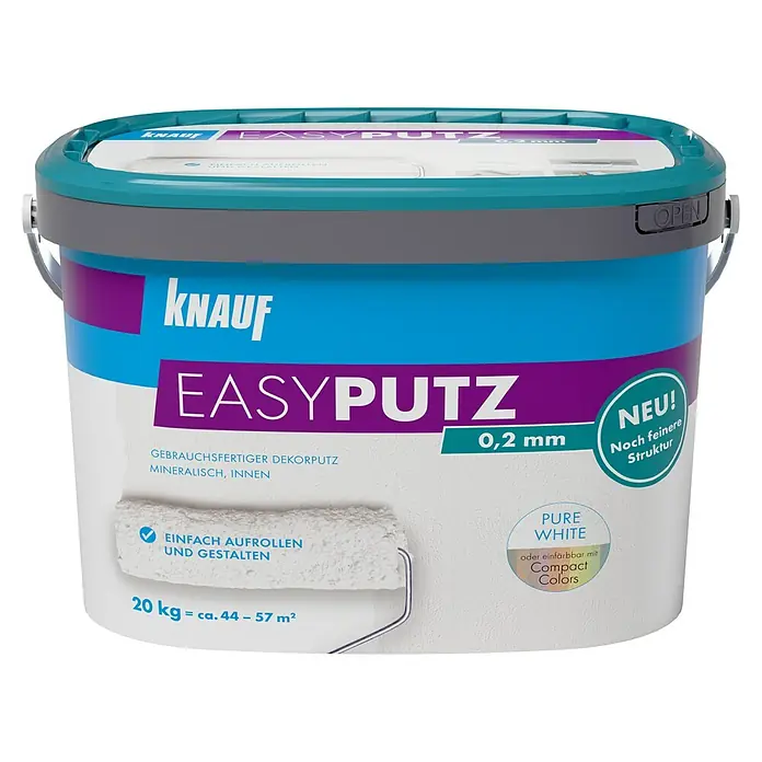 Knauf EasyPutz Dekoputz Extra fein - Weiß, Körnung: 0,2 mm, 20 kg, Konservierungsmittelfrei - Dose Knauf Easyputz, gebrauchsfertiger Dekorputz für Innen, Körnung 0,2 mm, Farbe Pure White. Zum einfachen Auftragen und Gestalten.