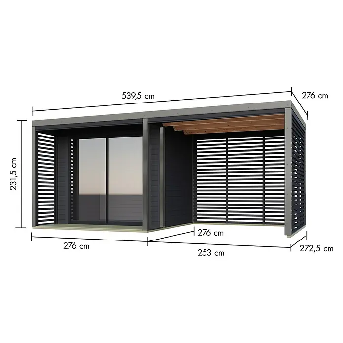 Karibu Gartenhaus Saturn - Außenmaß inkl. Dachüberstand (B x T): 539,5 x 276 cm, Holz, Anthrazit/Grau - Ansicht eines Gartenhauses mit Flachdach und Schiebetür, Maße sind in cm angegeben.